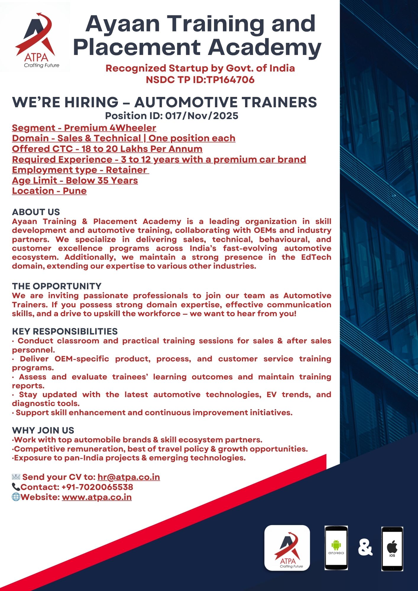 Automotive Trainers – Premium 4-Wheeler Segment (Pune)  Position ID: 017/Nov/2025